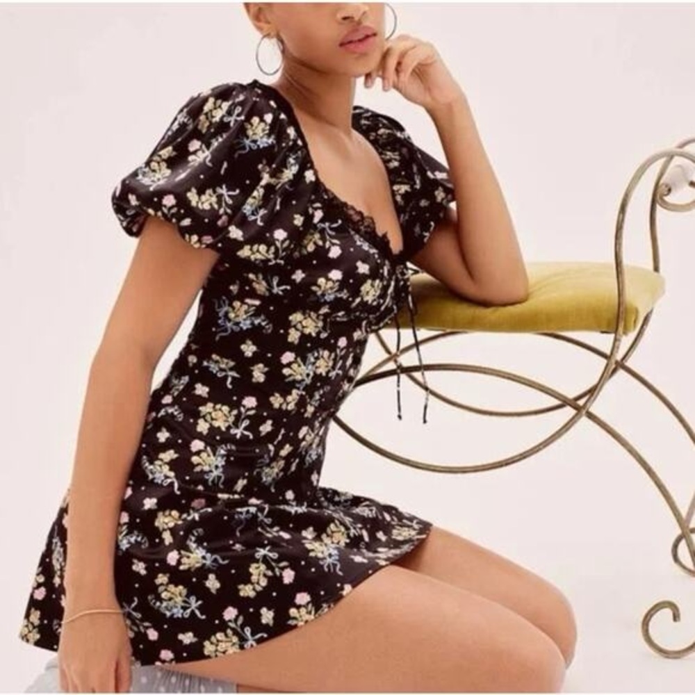 For Love and Lemons August Floral Bow Black Satin Dress with Lace Detail Size S